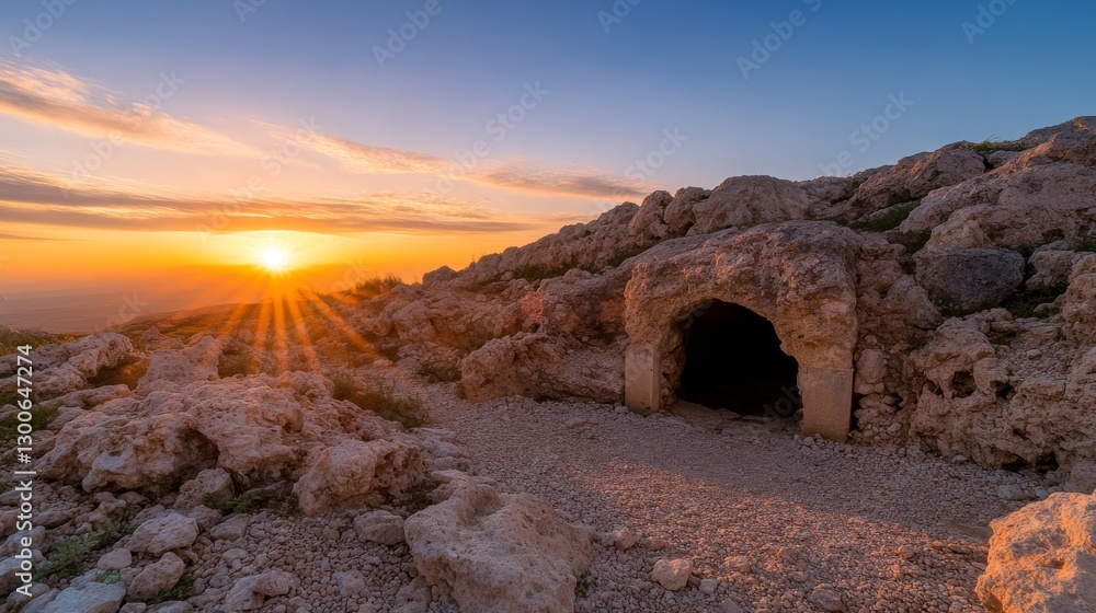 Poster soft rays of morning light flow through the open entrance of a tomb carved into a rocky hillside, cr