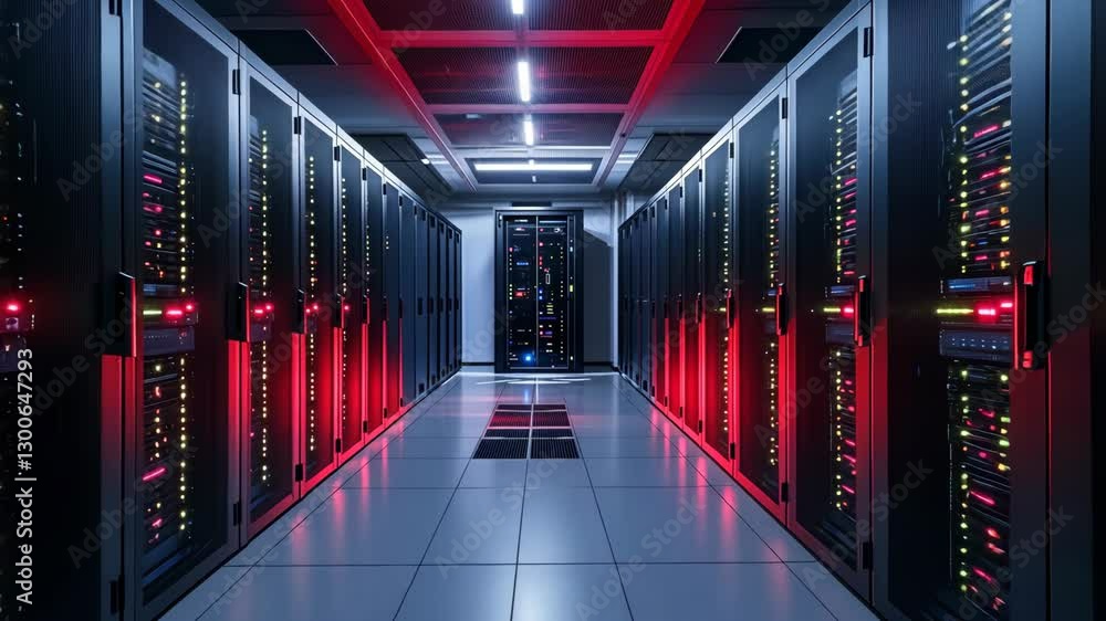 Poster high-tech data center showcasing rows of servers with illuminated lights during nighttime hours