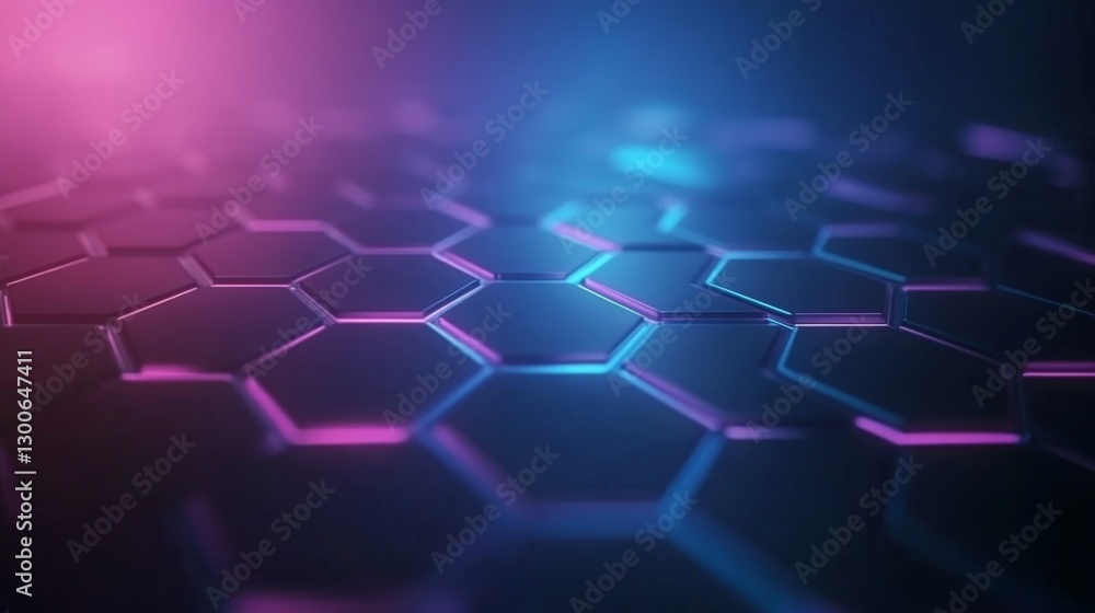 Poster glowing hexagons in vibrant purple and blue shades illuminate a dark backdrop, creating dynamic poss