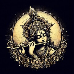 Ornate depiction of Krishna playing flute with intricate floral decorations
