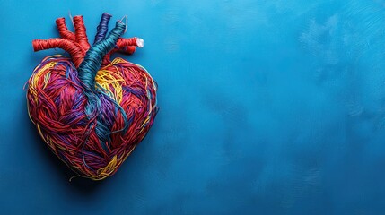 A human heart made of colorful tangled threads on a blue background with a banner for copy space. Concept of emotional health and stress management.
