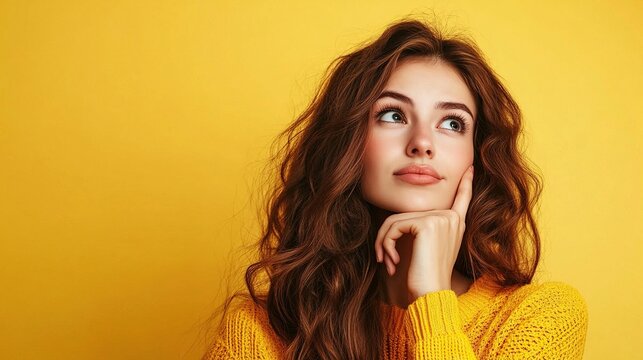 Portrait of doubtful woman touching chin, overthinking options and looking away over yellow background