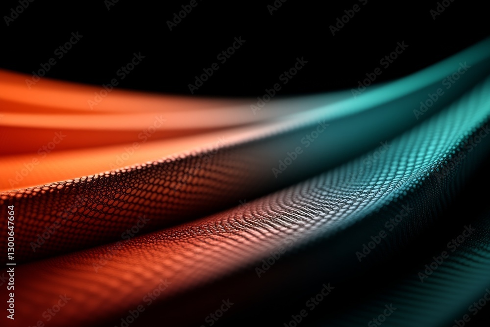 Poster neon waves in orange and teal swirl together in a captivating spiral pattern, set against a dark bac