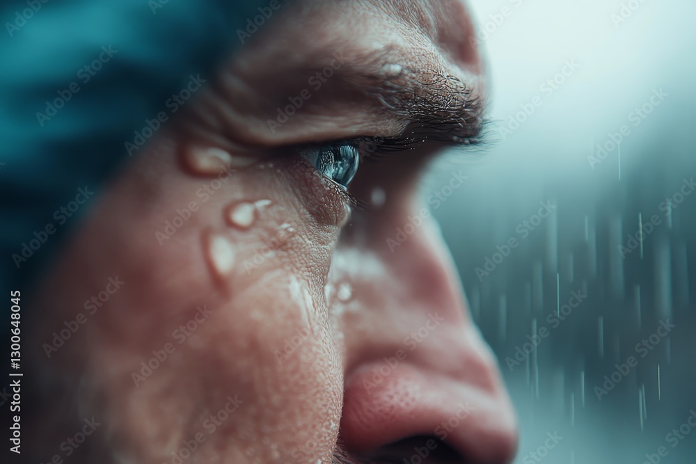 Poster Intense close-up of a human face displaying tears and water droplets, illuminated by soft lighting, capturing a moment of emotion and reflection