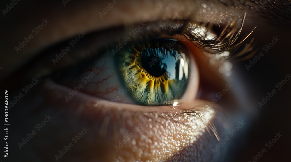 Poster Close-up view of a striking green eye displaying intricate patterns and textures, softly illuminated by natural light, enhancing its mesmerizing allure