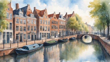 Obraz premium Charming European canal with boats in watercolor painting.