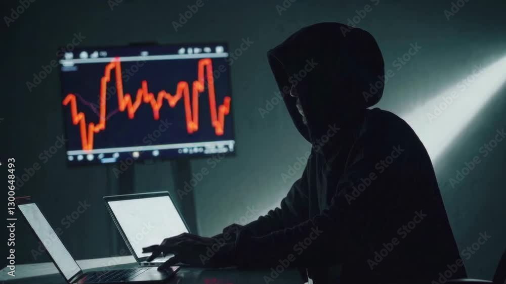 Poster financial data streams glow red as shadowy analyst strikes keys. multiple laptops emit eerie light w