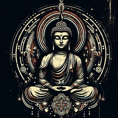 Meditating Buddha in intricate circular design, enlightenment artwork