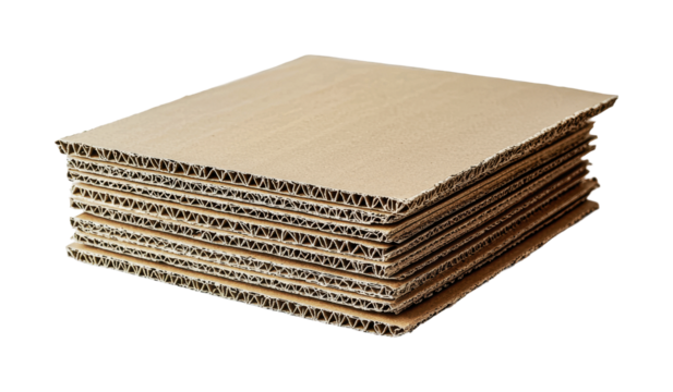 Stacked brown cardboard sheets ready for packaging and crafting purposes in a home office or workshop setting, cut out