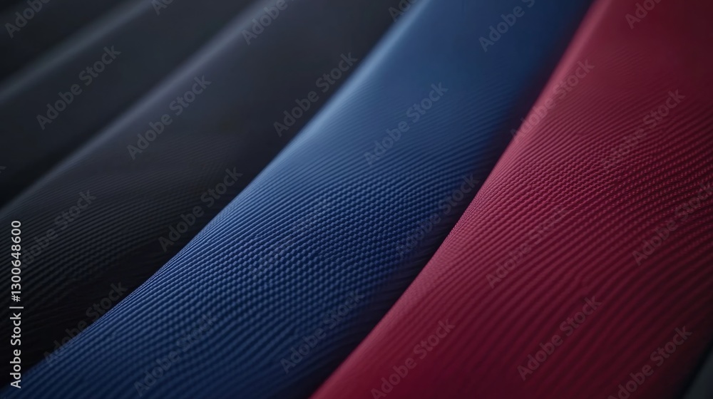 Poster extreme close-up reveals diagonal lines of vibrant blue, deep red, and jet black in a striking geome