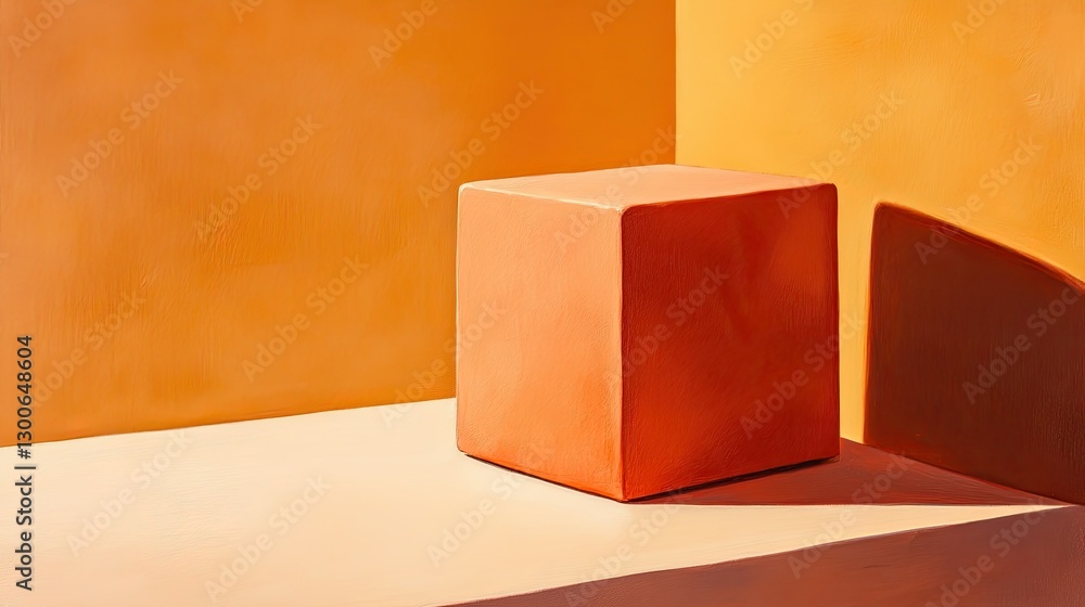 Aufkleber single geometric orange cube with smooth texture and sharp shadow on light beige surface against a w