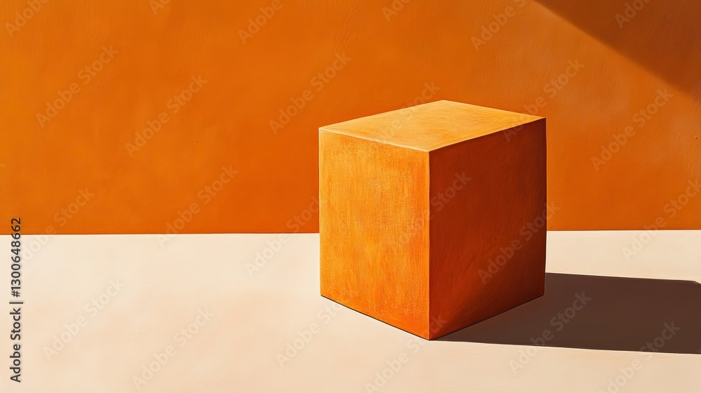 Aufkleber single geometric orange cube with smooth texture and sharp shadow on light beige surface against a w