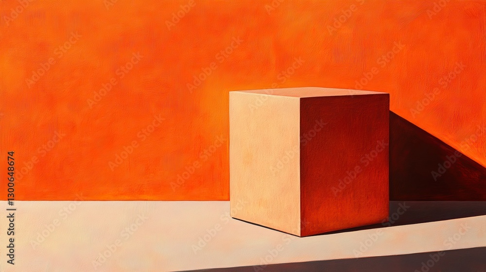 Aufkleber single geometric orange cube with smooth texture and sharp shadow on light beige surface against a w