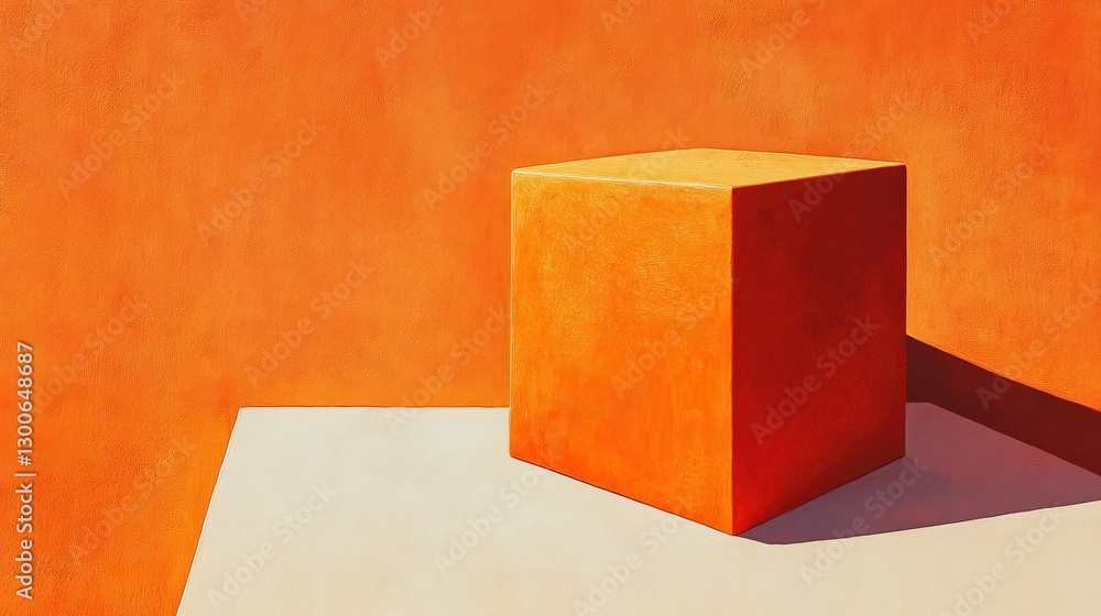 Aufkleber single geometric orange cube with smooth texture and sharp shadow on light beige surface against a w