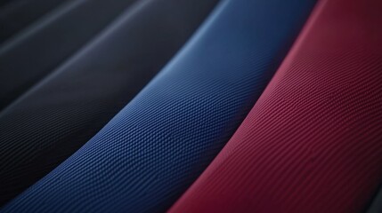 Extreme close-up reveals diagonal lines of vibrant blue, deep red, and jet black in a striking geometric design. Copy space available on the right for text or branding