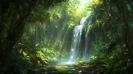 Lush Waterfall in a Sunlit Tropical Landscape
