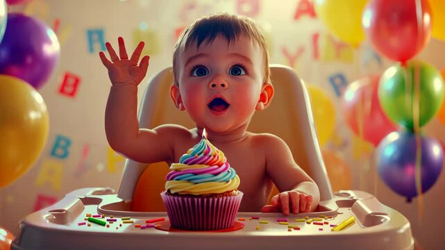 Adorable baby sitting in a high chair at a colorful birthday party with a rainbow cupcake