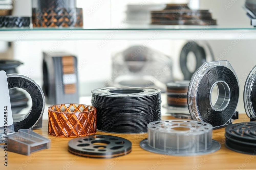 Poster various spools and objects arranged on shelves technology materials.