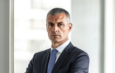 Fototapeta premium Confident political leader in formal suit standing with serious expression, representing authority and leadership in government or public service roles.