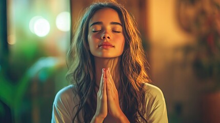 A teenager woman praying with folded hands in worship and devotion, concept for faith, spirituality, and thanksgiving.