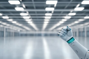 A robotic arm in bright metallic finish lifts its fist in a sleek, minimalist space, representing strength and the synergy of technology