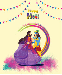 Hindu Mythology Lord Krishna and Goddess Radha Performing Dance on Splashing Colors Background For Happy Holi Celebration Concept.
