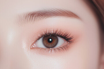 若くて綺麗なアジア人女性モデルの目元のクローズアップ｜目・まつ毛・眉毛の美しいメイク	