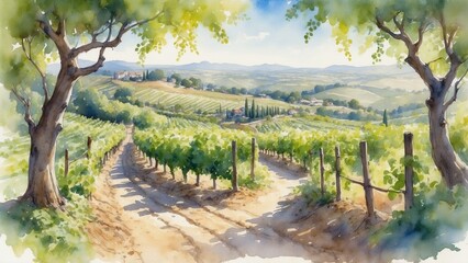 Naklejka premium Scenic vineyard landscape in watercolor painting.