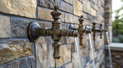 Ornate antique faucets dispense refreshing water in a wall.