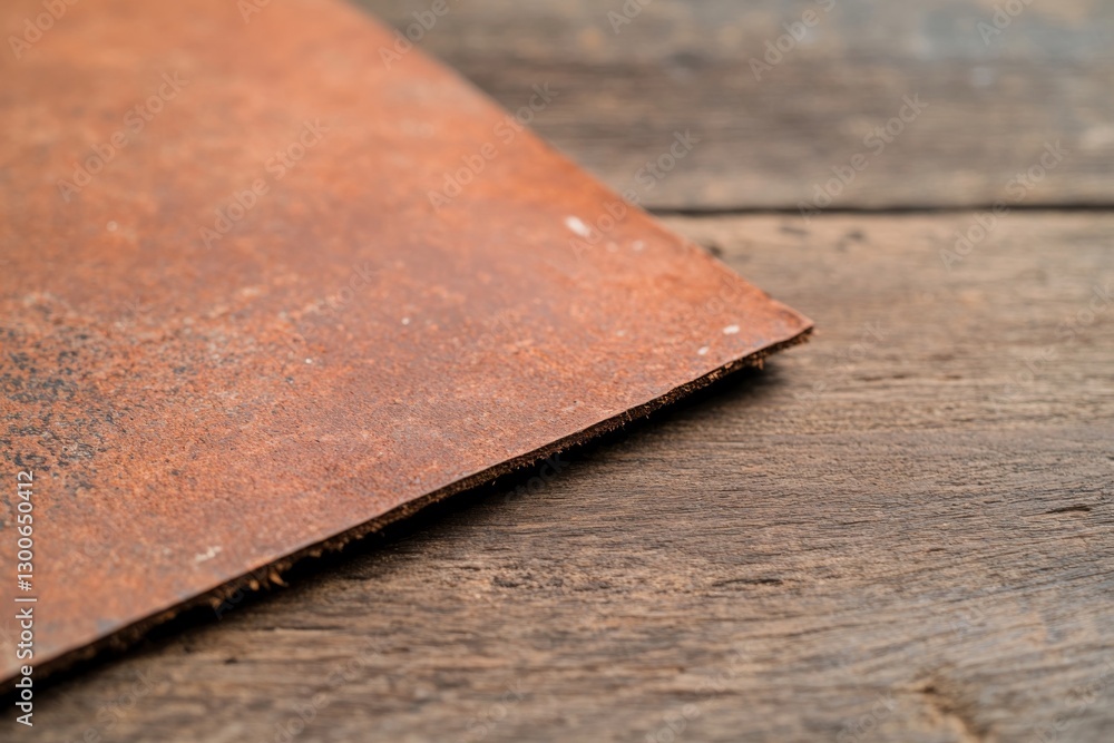 Fototapete Close-up of aged brown leather resting on rustic wood, highlighting the intricate textures and unique grain patterns that reflect its history and character
