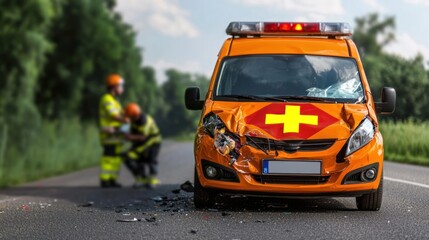 Emergency response to car accident scene urban road realistic image daylight rescue operations in progress