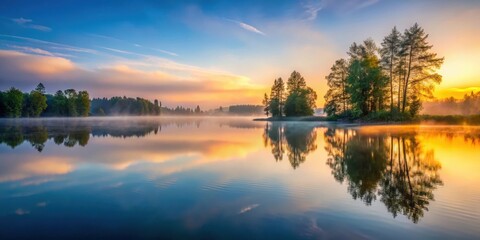 Obraz premium Serene lake scene at sunset with mist rising from the water surface and surrounding trees reflected perfectly in the calm lake surface, peaceful, mist