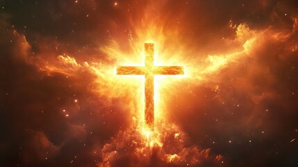 Fototapeta premium Christian Easter concept with a radiant cross in the sky symbolizing faith in Jesus Christ salvation and eternal life.