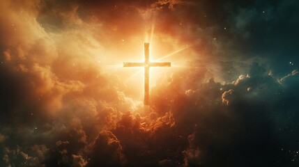 Fototapeta premium Christian Easter concept with a radiant cross in the sky symbolizing faith in Jesus Christ salvation and eternal life.