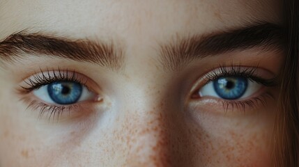 Fototapeta premium Close-up of blue eyes with neatly groomed eyebrows, highlighting natural beauty and facial care. Young female model with well-kept skin. Concept of beauty, fashion, appearance, self care.
