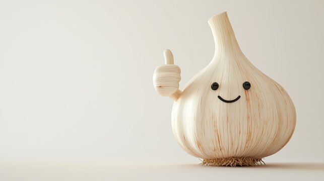Cheerful garlic character giving a thumbs up on a plain white background, in a playful and whimsical atmosphere.