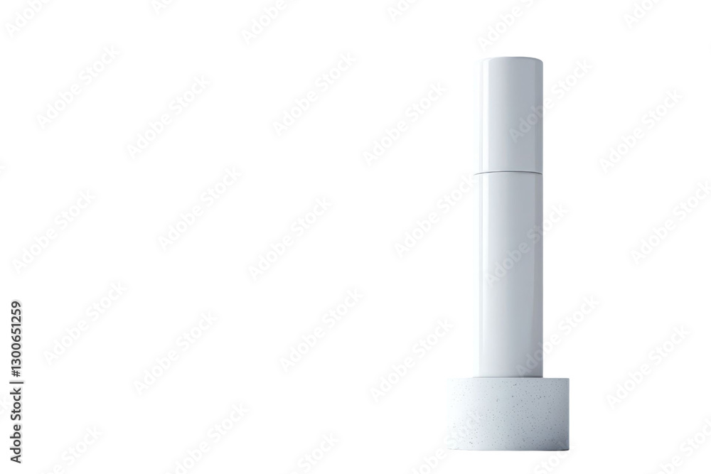 Poster minimalist white cylindrical object on a speckled base against a transparent background. clean desig