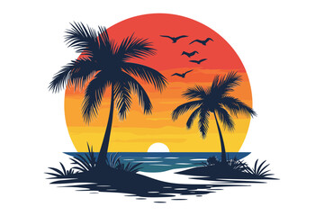 Obraz premium Palm trees silhouettes on tropical summer beach icon for t-shirt, isolated on a white background, Flat style vector illustration, beach with palm trees vintage vector illustration