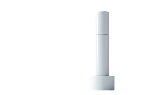 Minimalist white cylindrical object on a speckled base against a transparent background. Clean design element perfect for product display or branding