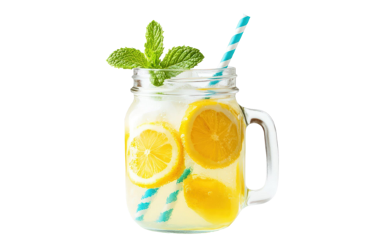 Refreshing beverage in glass jar with straw and mint garnish isolated on transparent background