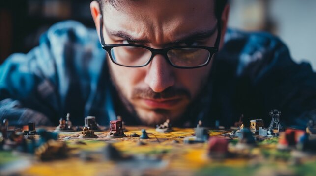 Focused young man intently studies a tabletop strategy game, his brow furrowed in concentration.