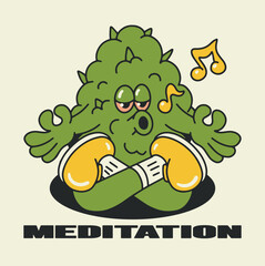 marijuana bump character MEDITATES , retro vector, PRINT ON T-SHIRT