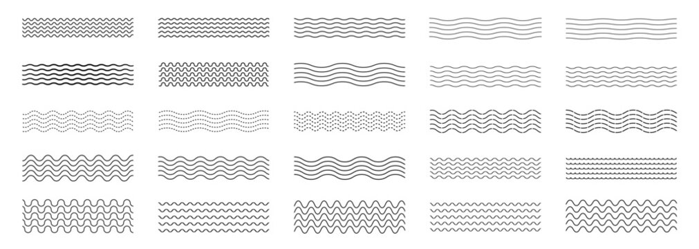 Waves line set. Wave ornament pattern. Set of wavy zigzag lines. Wave thin line background. Vector zigzag and wavy horizontal underline. Vector illustration