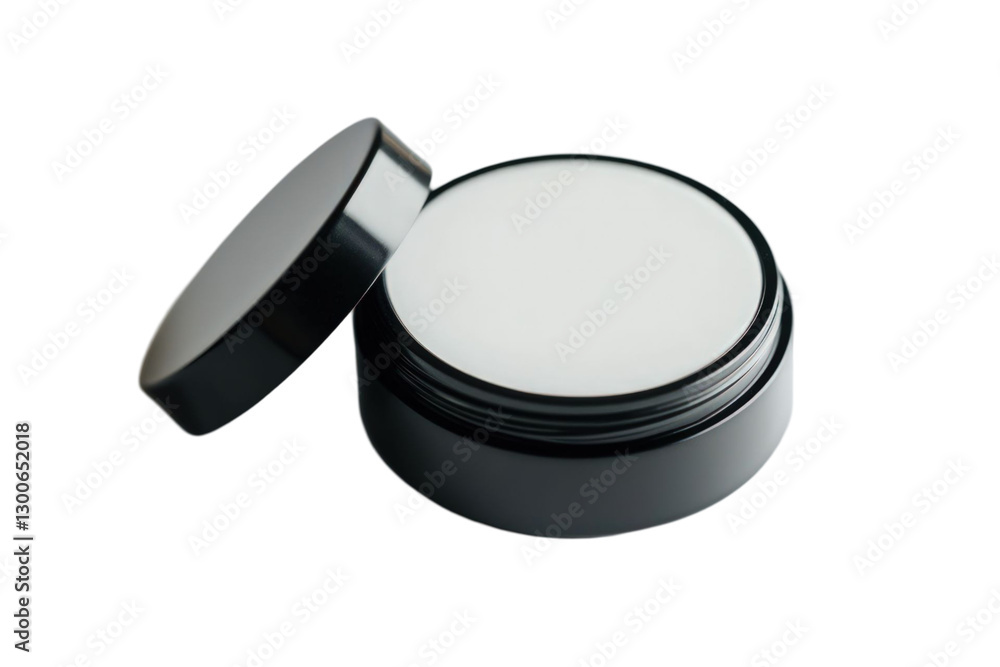 Poster open container with white cream and black lid isolated on a transparent background