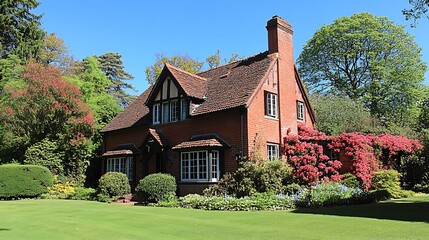 Red brick cottage, spring garden, sunny day, real estate