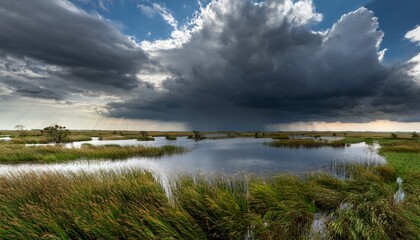 Obraz premium clearing storm clouds over a wetland habitat
