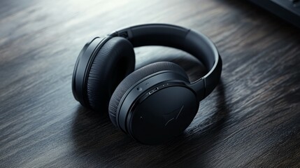Sleek black over-ear headphones rest on a dark wooden surface.
