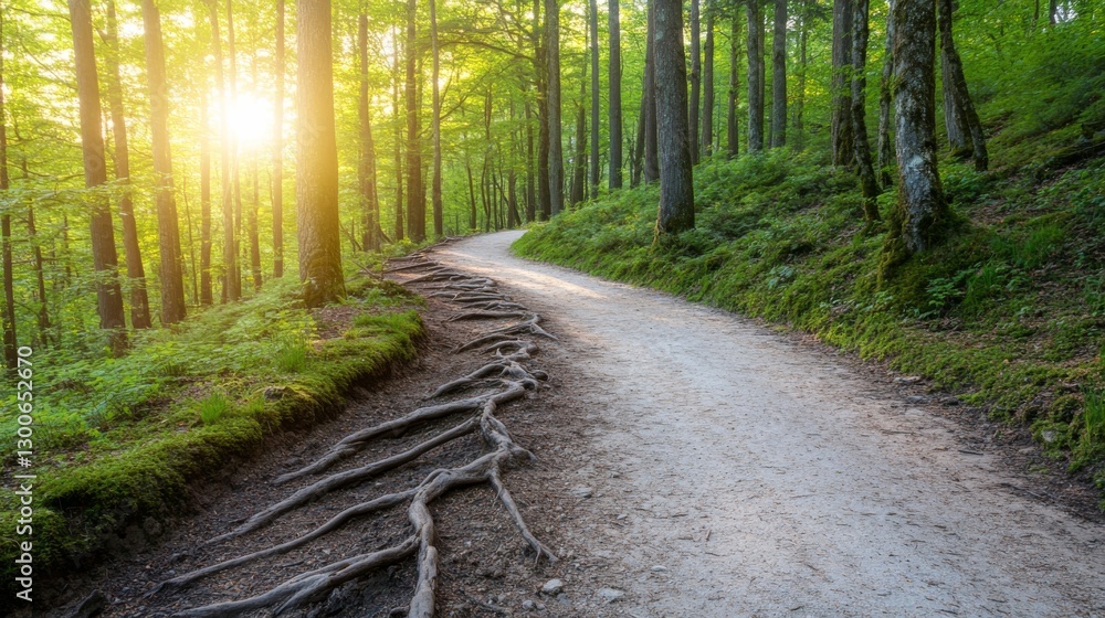 Poster a beautiful forest trail meanders through lush vegetation, with soft sunlight filtering through the 