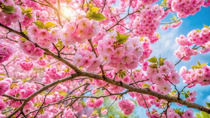 Fototapeta premium Vibrant pink cherry blossom tree branches stretching towards the sky with delicate pink petals and a few white flowers amidst lush green foliage in full bloom, flowering plants, blooming trees