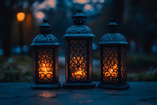 Ornate Lantern Trio: Warm Glow on Cool Night - Powered by Adobe